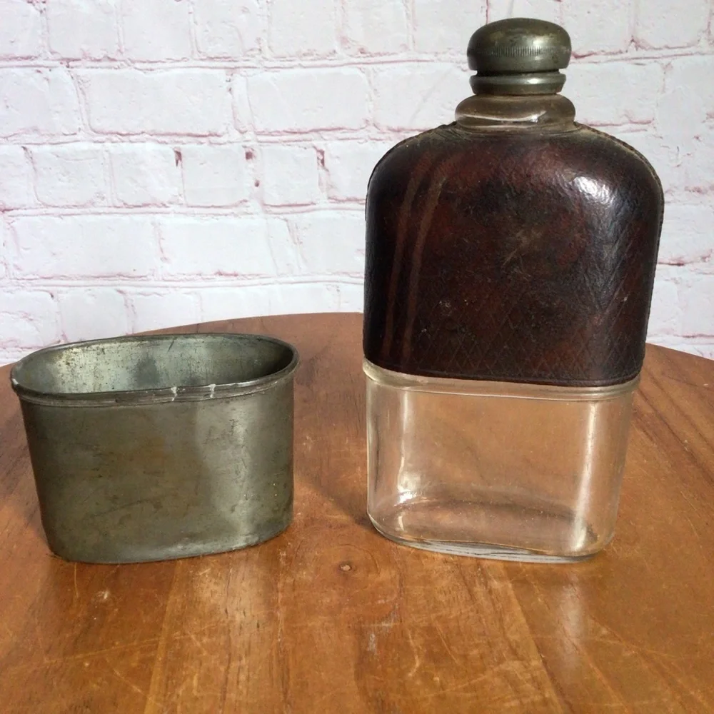 Antique 1860’s Civil War Era Leather Glass Pewter Hip Flask With Removable Cup